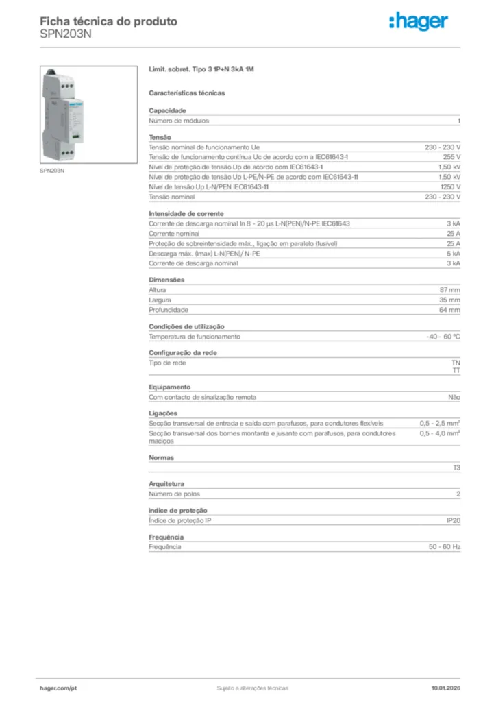 Imagem Hager Ficha técnica do produto SPN203N | Hager Portugal