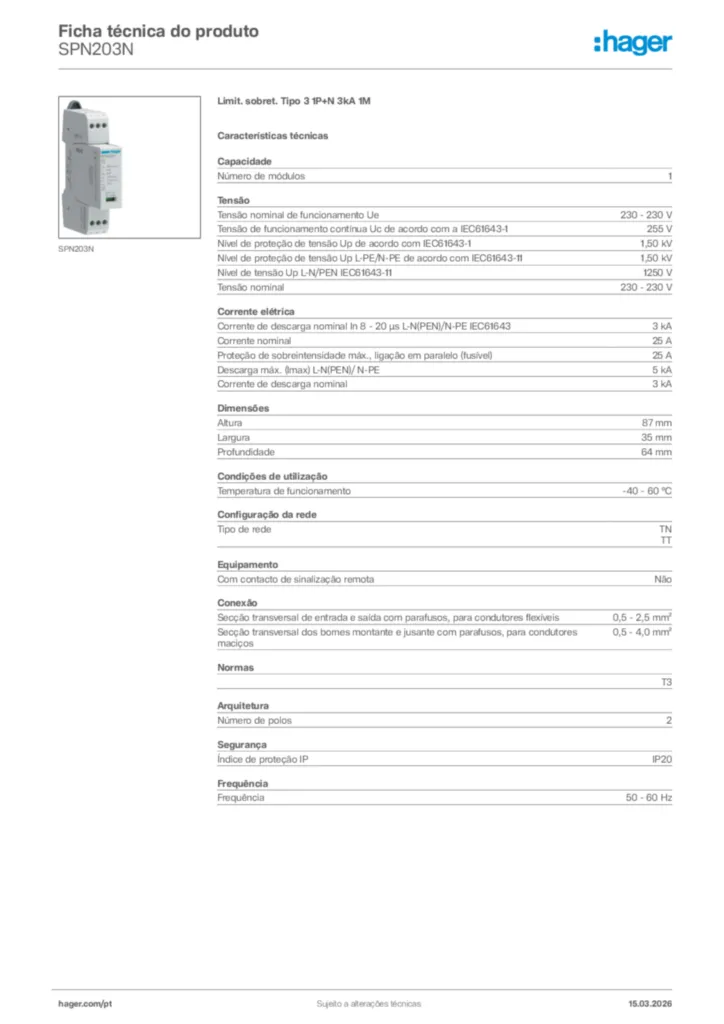 Imagem Hager Ficha técnica do produto SPN203N | Hager Portugal