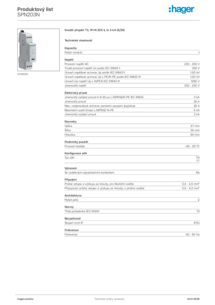 Obrázek Hager Product data sheet SPN203N | Hager