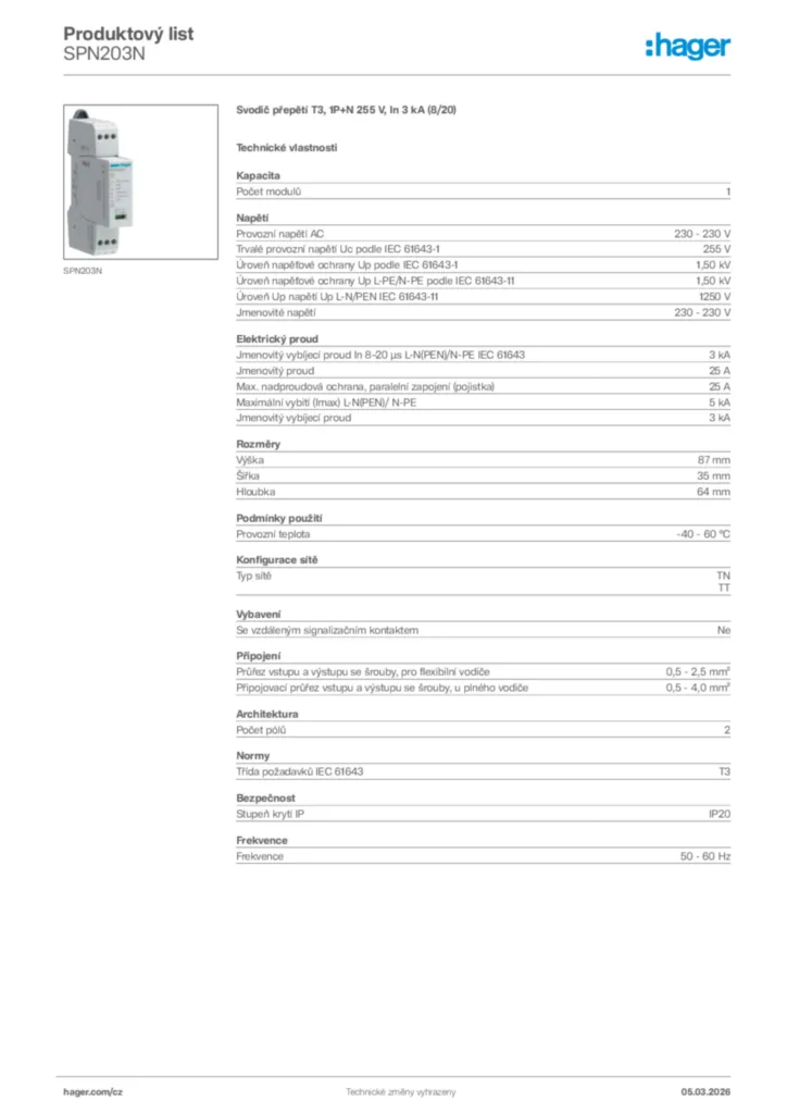 Obrázek Hager Product data sheet SPN203N | Hager
