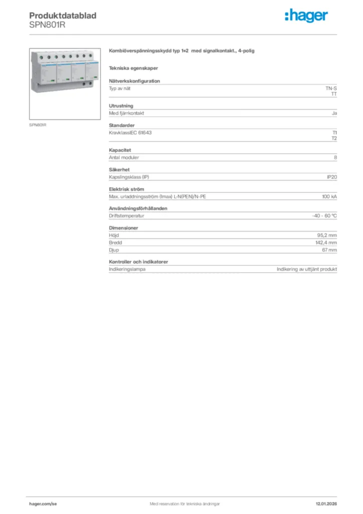 Bild Hager Produktdatablad SPN801R | Hager Sverige