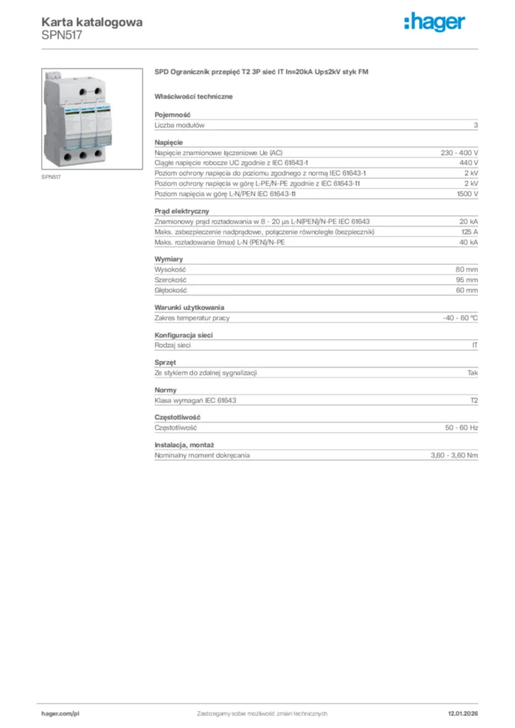 Zdjęcie Hager Karta katalogowa SPN517 | Hager Polska