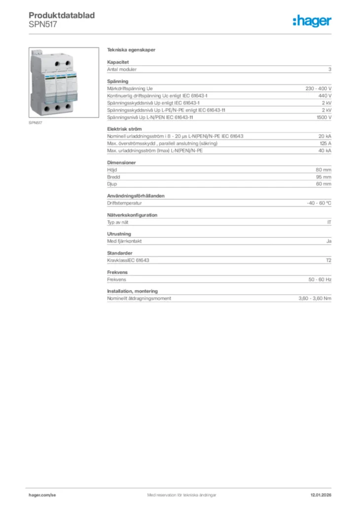 Bild Hager Produktdatablad SPN517 | Hager Sverige
