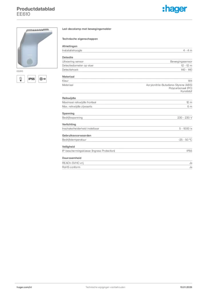 Afbeelding Hager Productdatablad EE610 | Hager Nederland