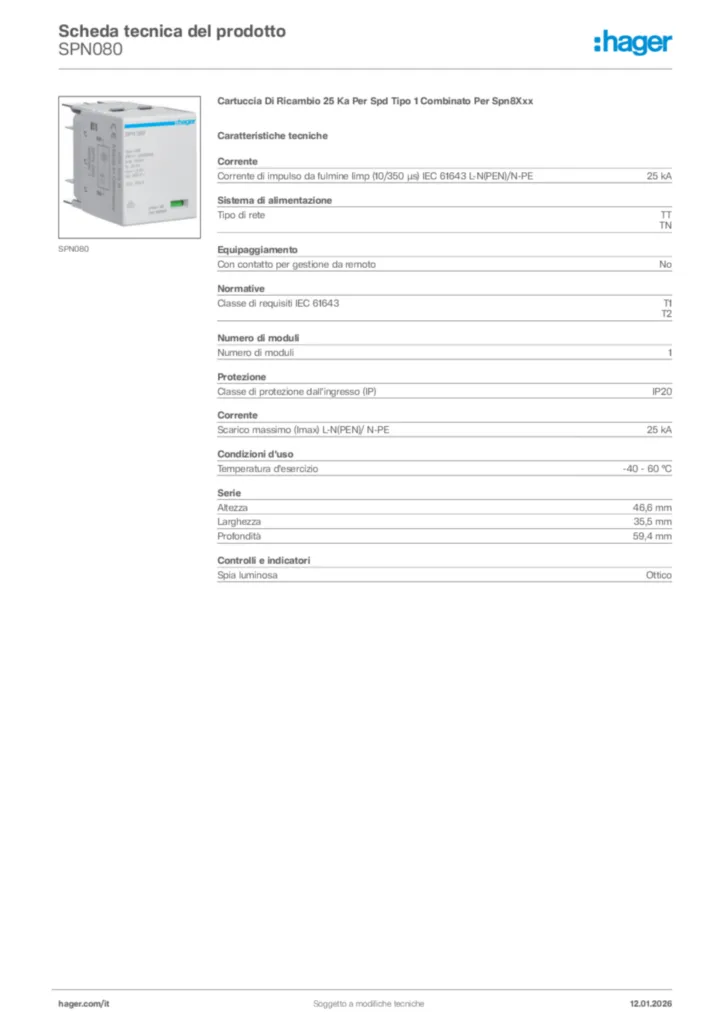 Immagine Hager Scheda tecnica del prodotto SPN080 | Hager Italia