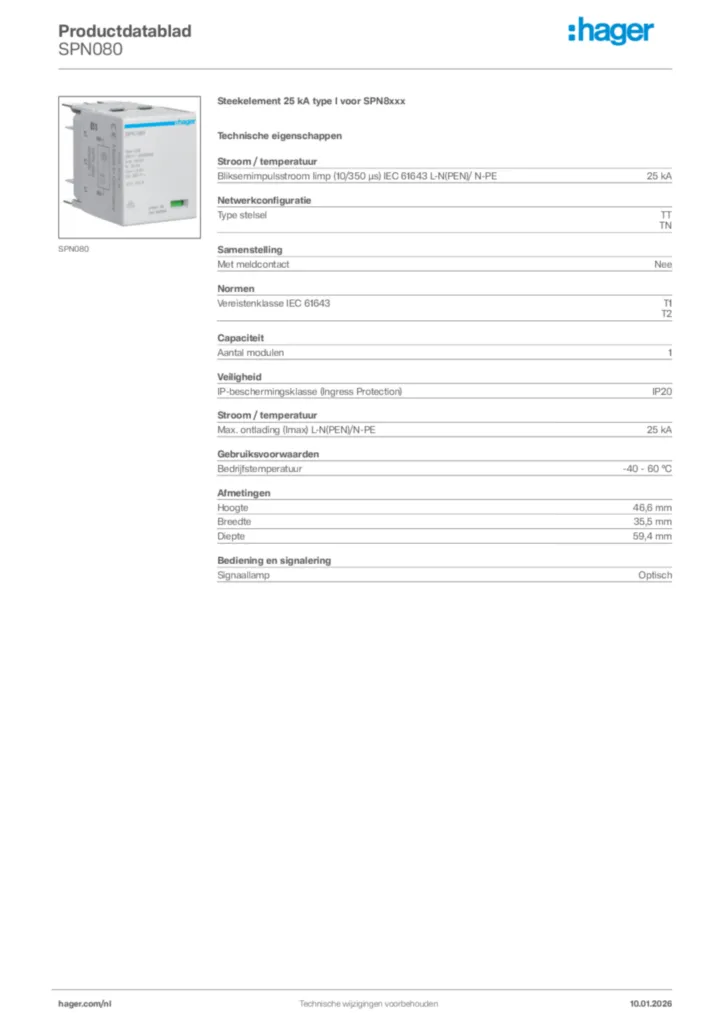 Afbeelding Hager Productdatablad SPN080 | Hager Nederland