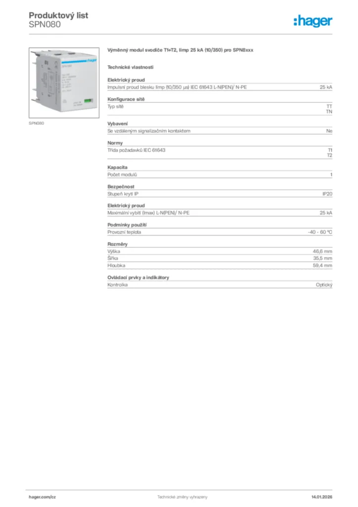 Obrázek Hager Product data sheet SPN080 | Hager