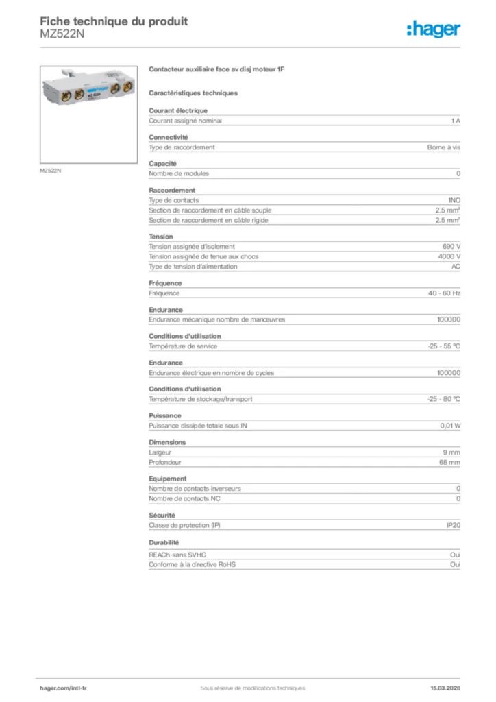 Image Hager Fiche technique du produit MZ522N | Hager Afrique