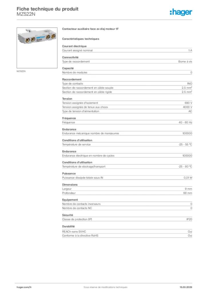 Image Hager Fiche technique du produit MZ522N | Hager France