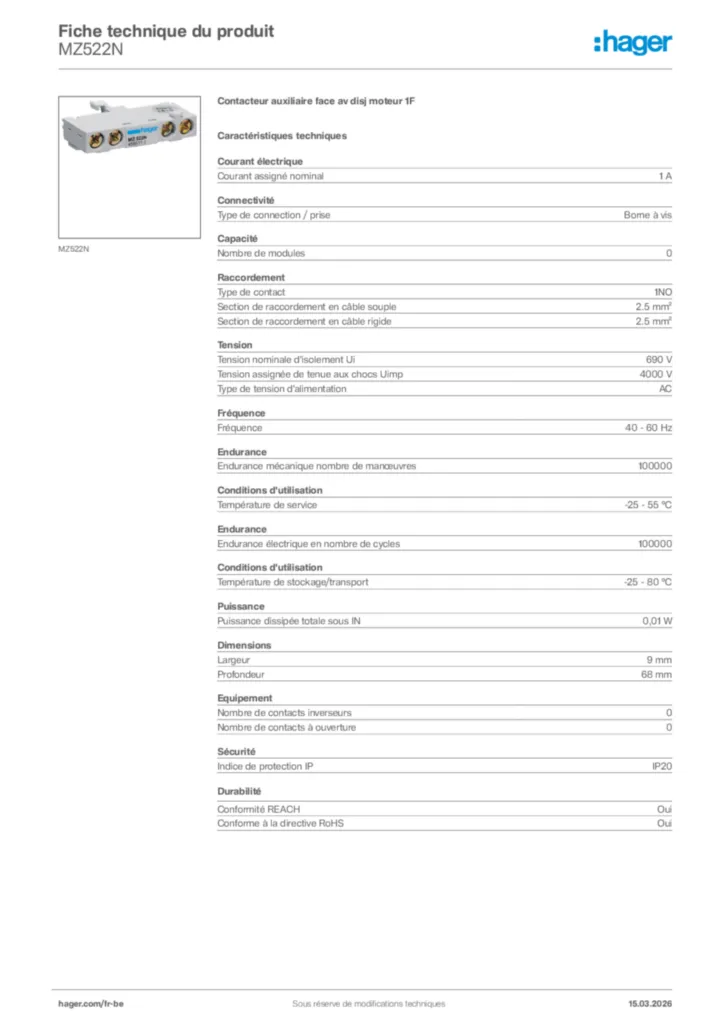 Image Hager Fiche technique du produit MZ522N | Hager Belgique