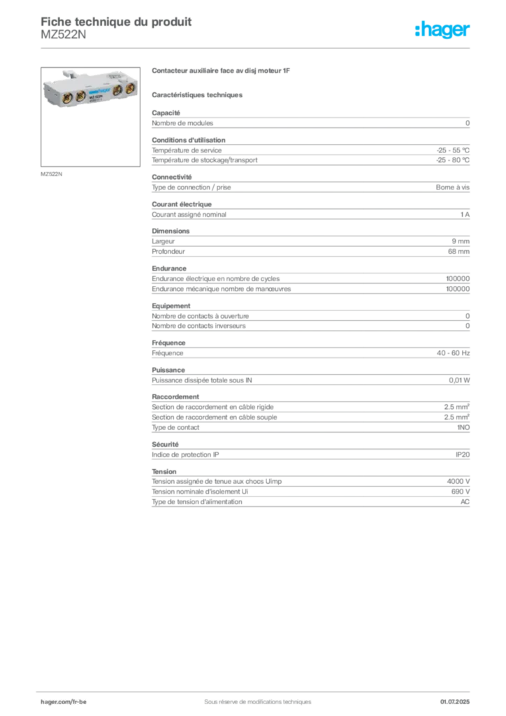 Image Hager Fiche technique du produit MZ522N | Hager Belgique