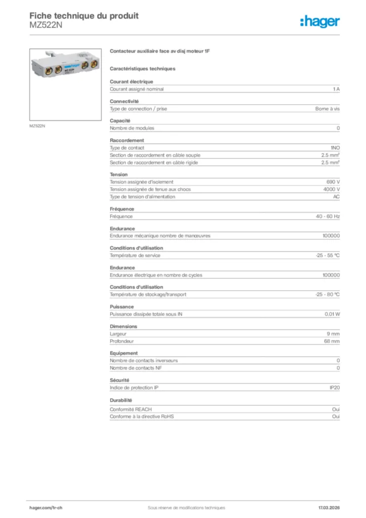 Image Hager Fiche technique du produit MZ522N | Hager Suisse