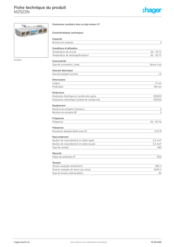 Image Hager Fiche technique du produit MZ522N | Hager Suisse