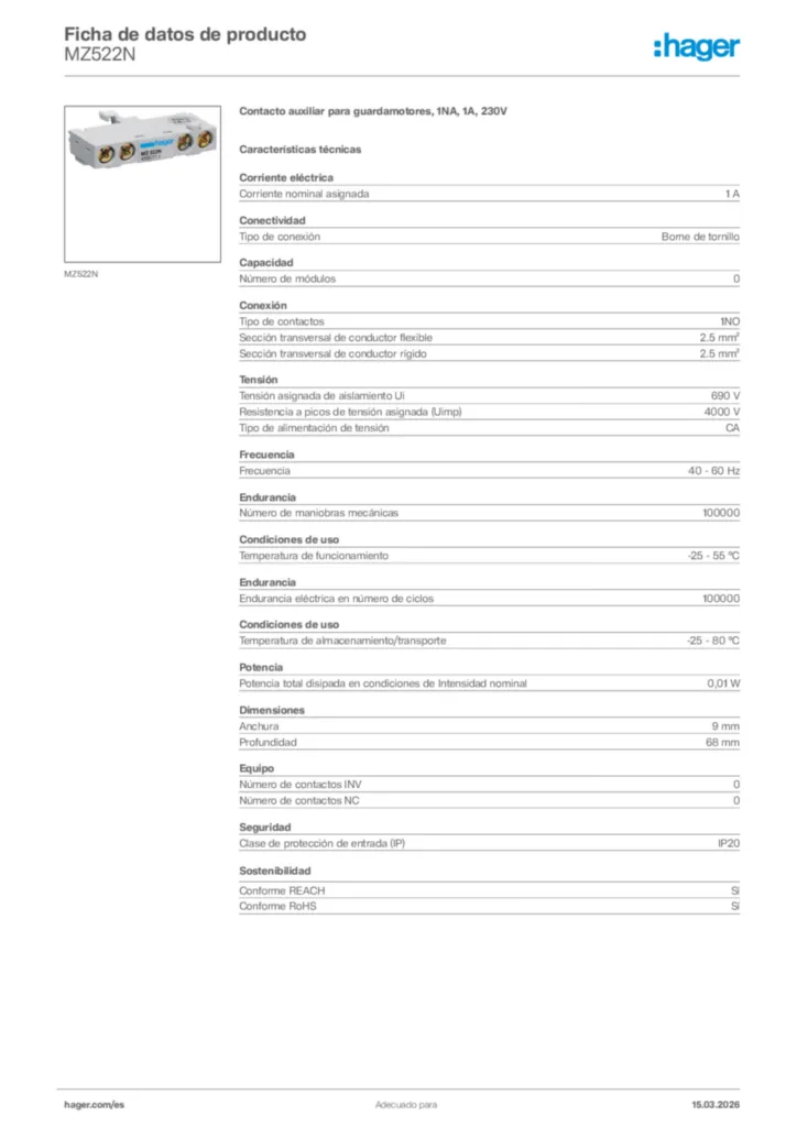 Imagen Hager Ficha de datos de producto MZ522N | Hager España