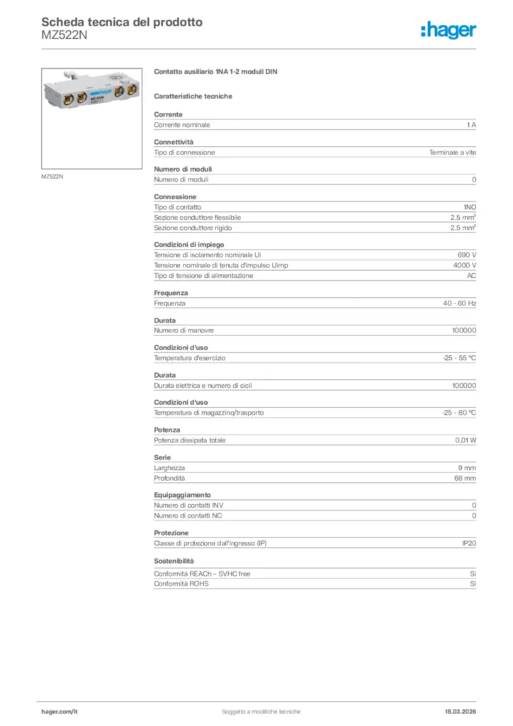 Immagine Hager Scheda tecnica del prodotto MZ522N | Hager Italia