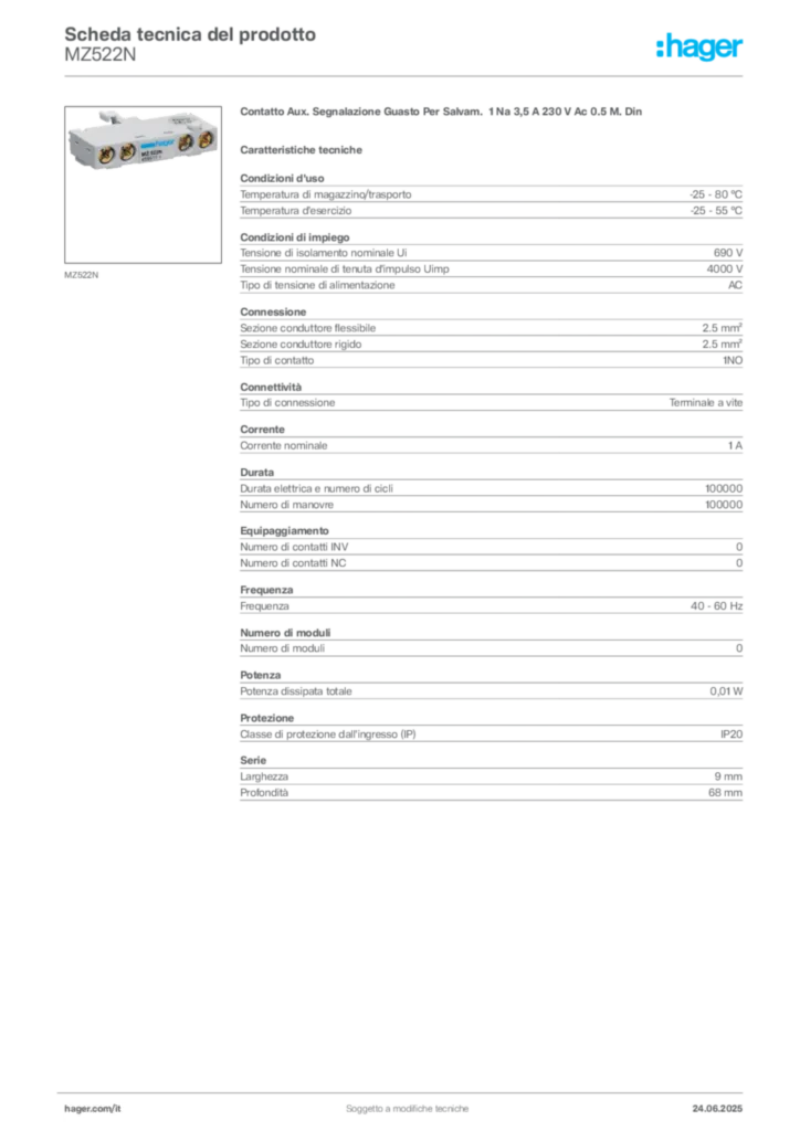 Immagine Hager Scheda tecnica del prodotto MZ522N | Hager Italia