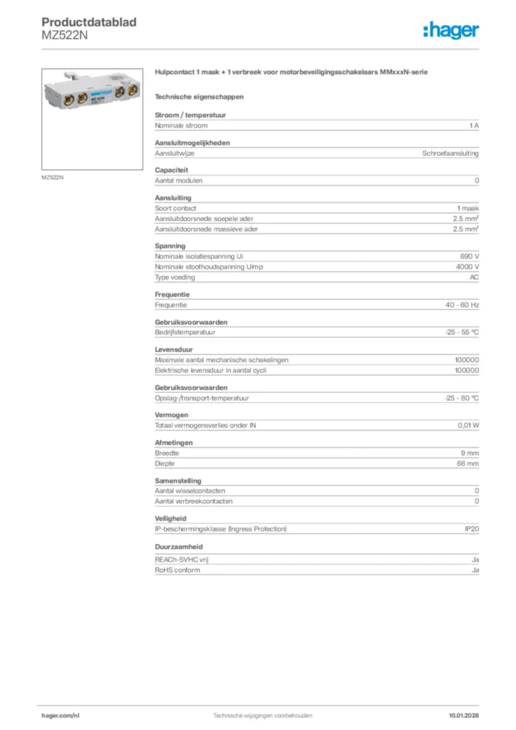 Afbeelding Hager Productdatablad MZ522N | Hager Nederland