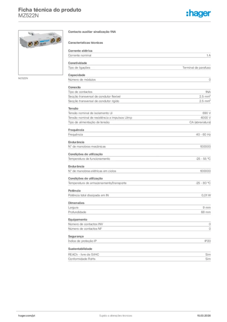Imagem Hager Ficha técnica do produto MZ522N | Hager Portugal