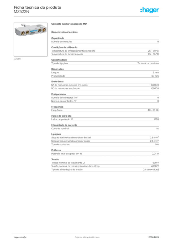 Imagem Hager Ficha técnica do produto MZ522N | Hager Portugal