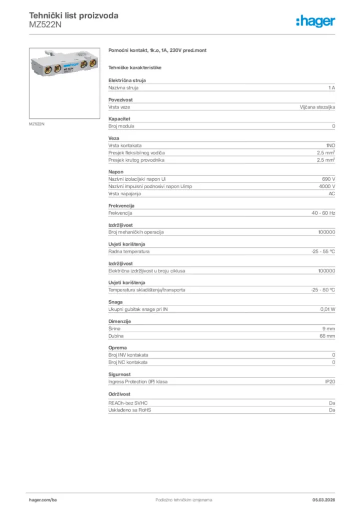 Slika Hager Tehnički list proizvoda MZ522N  | Hager