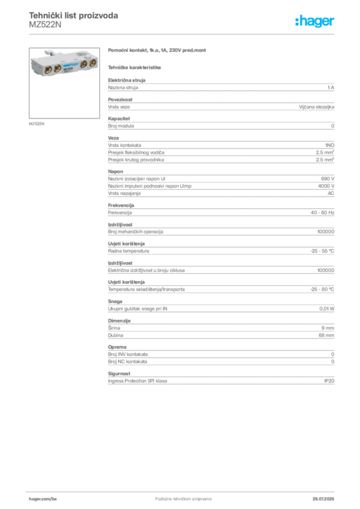 Slika Hager Product data sheet MZ522N  | Hager