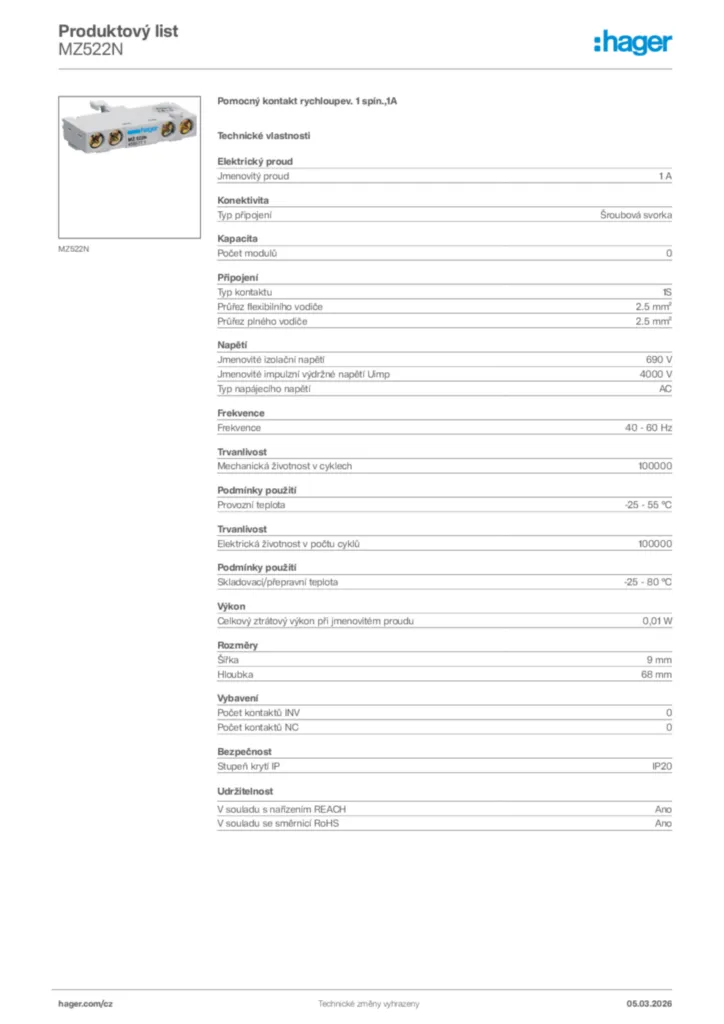 Obrázek Hager Product data sheet MZ522N | Hager