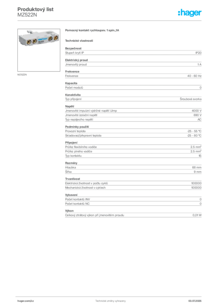 Obrázek Hager Produktový list MZ522N | Hager