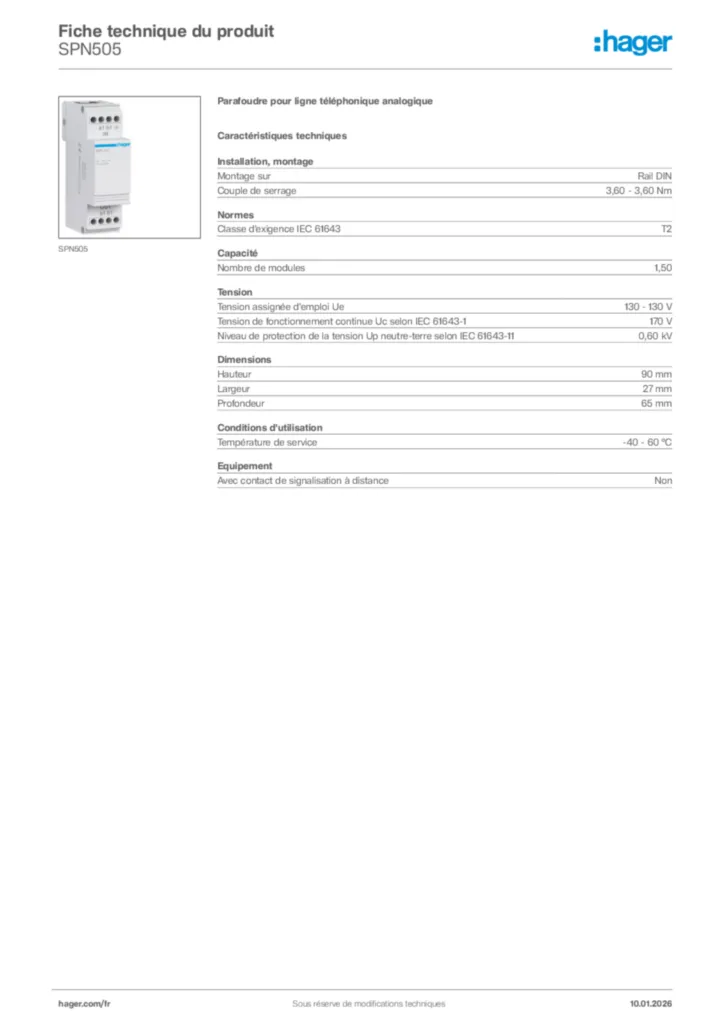 Image Hager Fiche technique du produit SPN505 | Hager France
