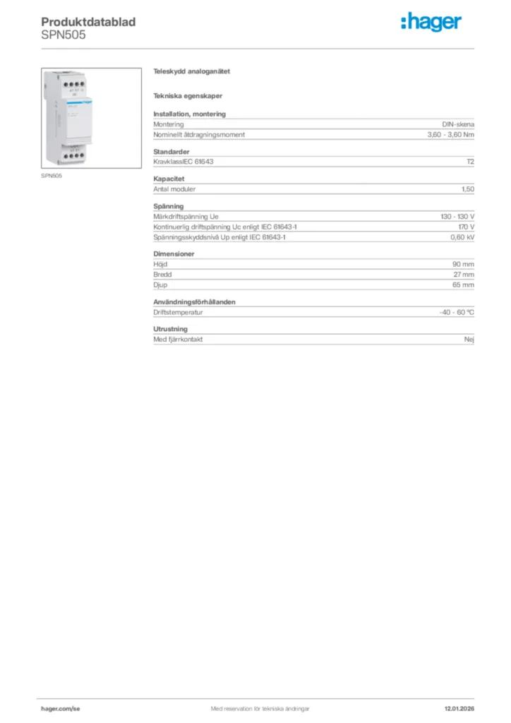 Bild Hager Produktdatablad SPN505 | Hager Sverige