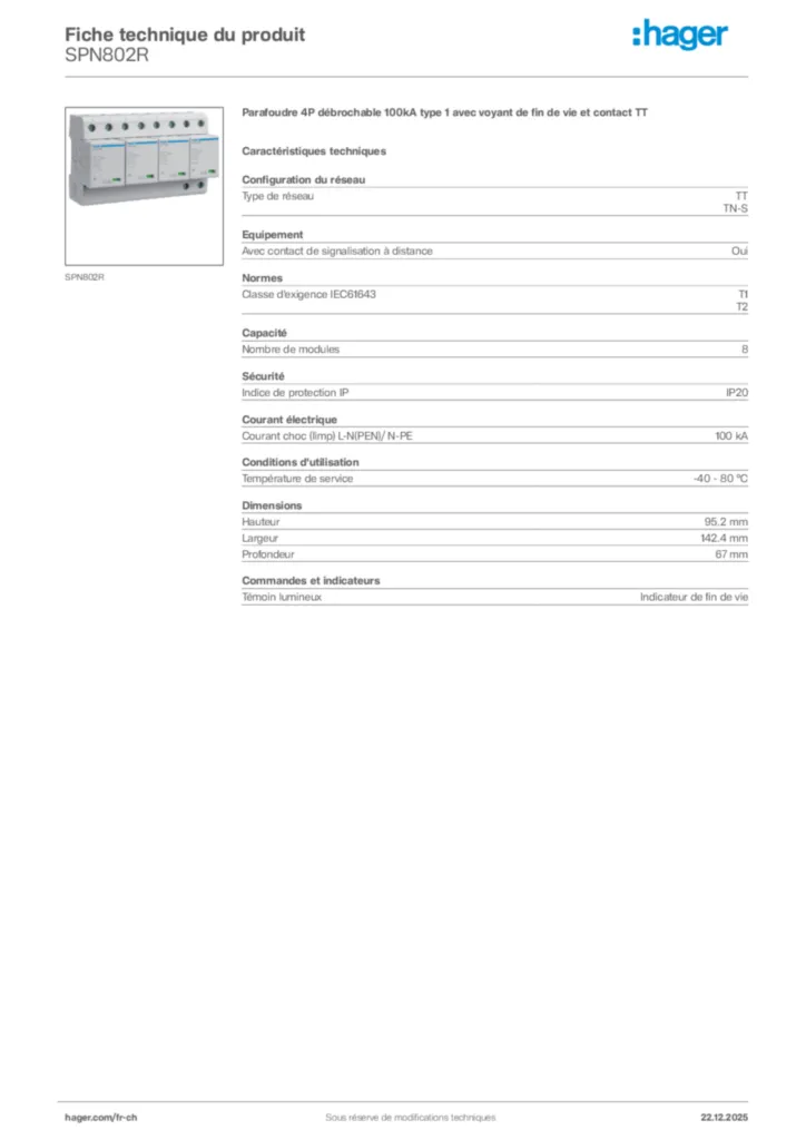 Image Hager Fiche technique du produit SPN802R | Hager Suisse