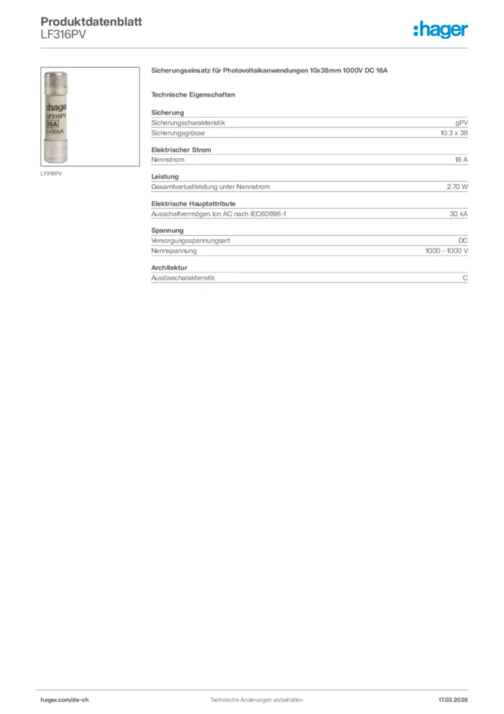 Bild Hager Produktdatenblatt LF316PV | Hager Schweiz