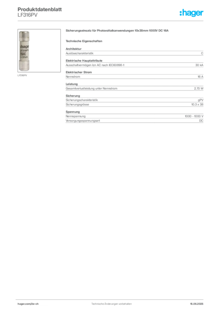 Bild Hager Produktdatenblatt LF316PV | Hager Schweiz