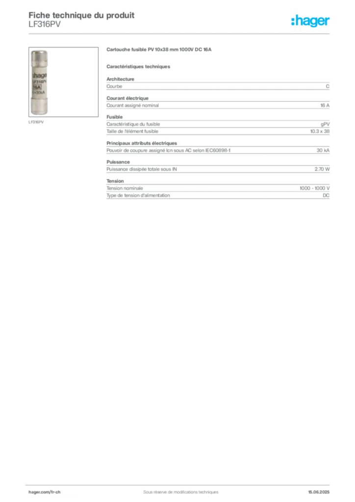 Image Hager Fiche technique du produit LF316PV | Hager Suisse