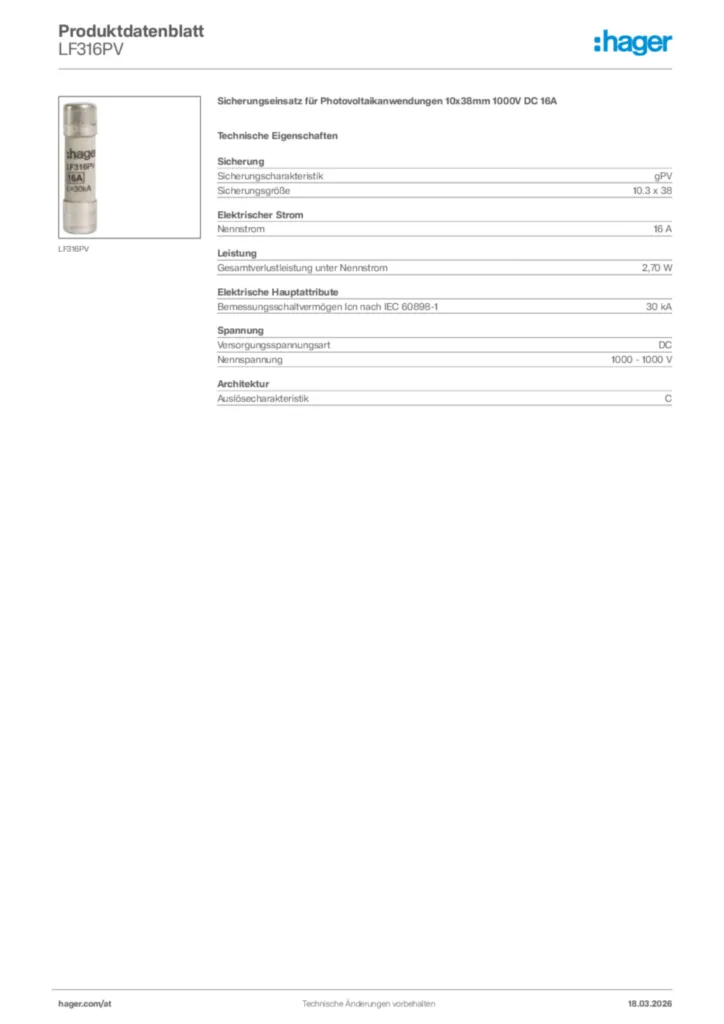 Bild Hager Produktdatenblatt LF316PV | Hager Deutschland