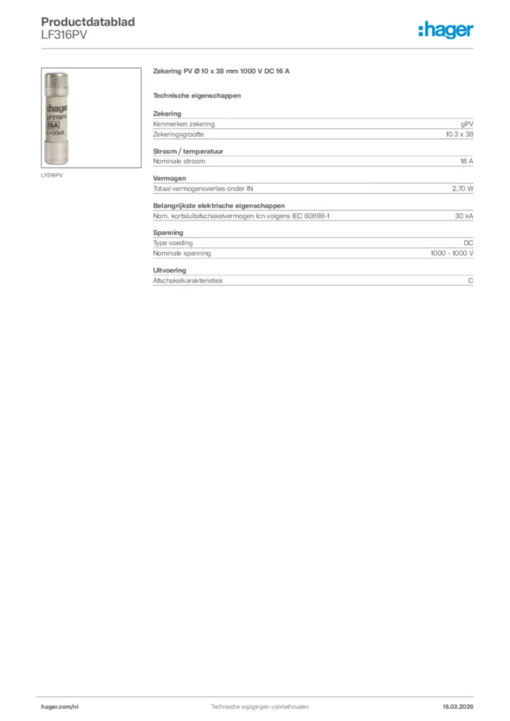 Afbeelding Hager Productdatablad LF316PV | Hager Nederland