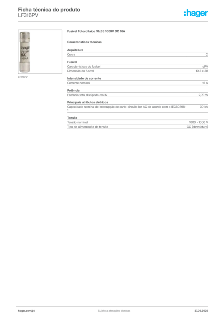 Imagem Hager Ficha técnica do produto LF316PV | Hager Portugal