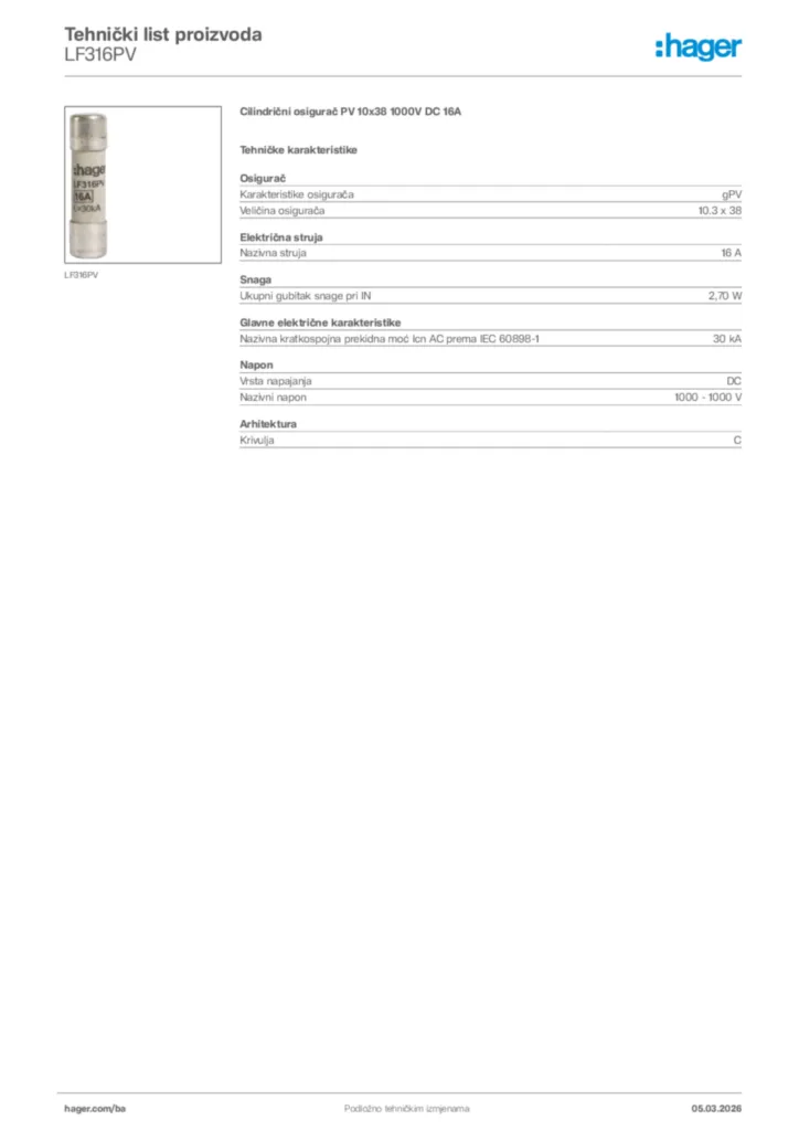 Slika Hager Tehnički list proizvoda LF316PV  | Hager