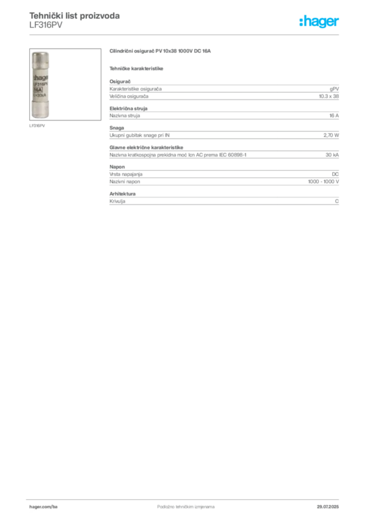 Slika Hager Product data sheet LF316PV  | Hager