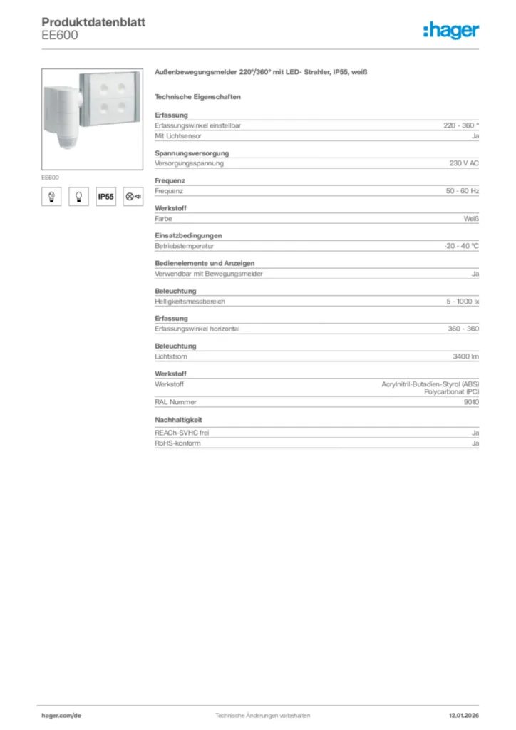 Bild Hager Produktdatenblatt EE600 | Hager Deutschland
