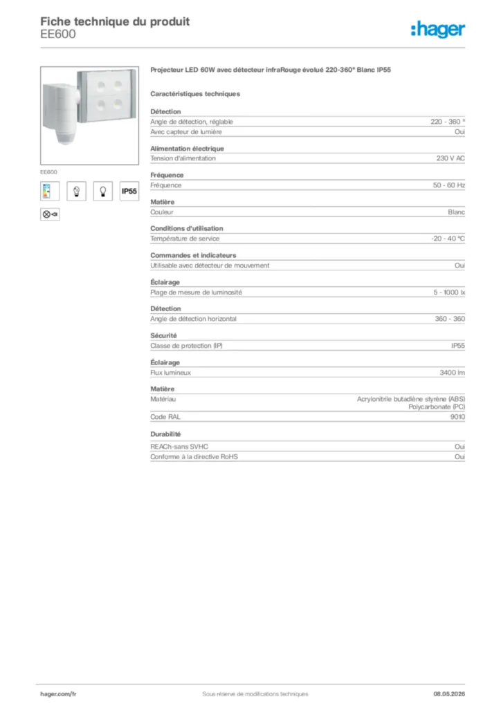 Image Hager Fiche technique du produit EE600 | Hager France