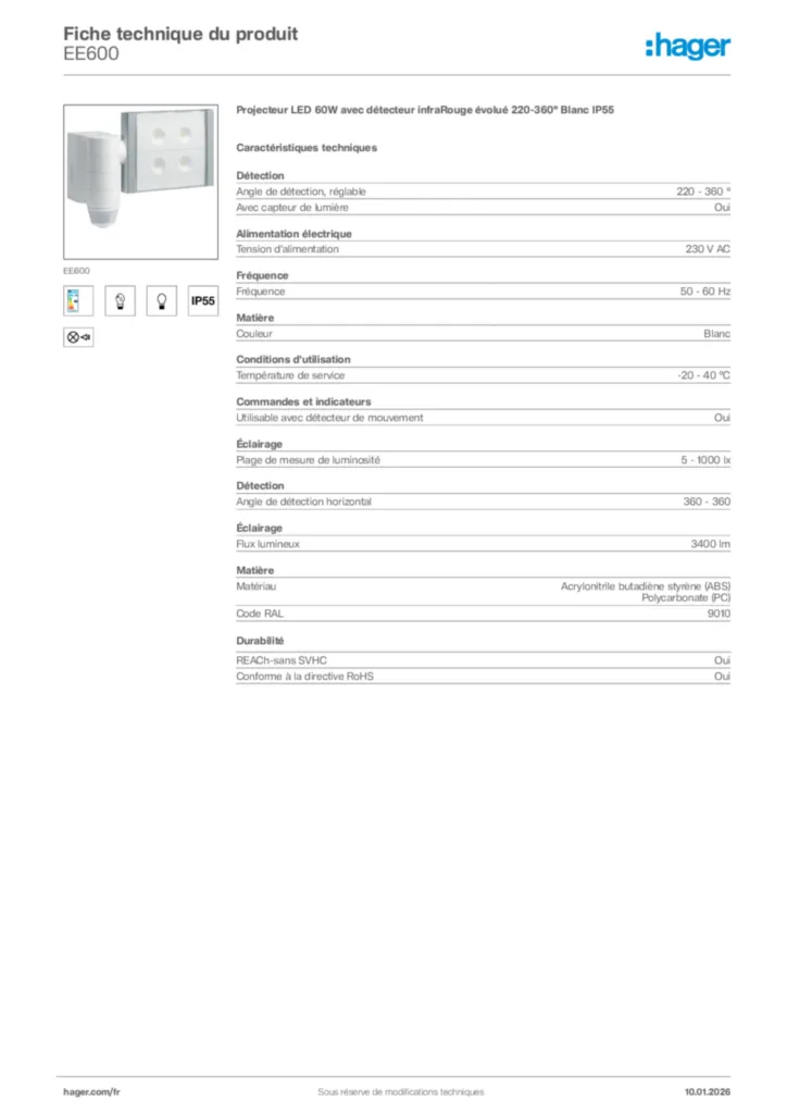 Image Hager Fiche technique du produit EE600 | Hager France