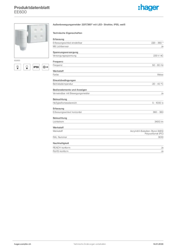 Bild Hager Produktdatenblatt EE600 | Hager Schweiz