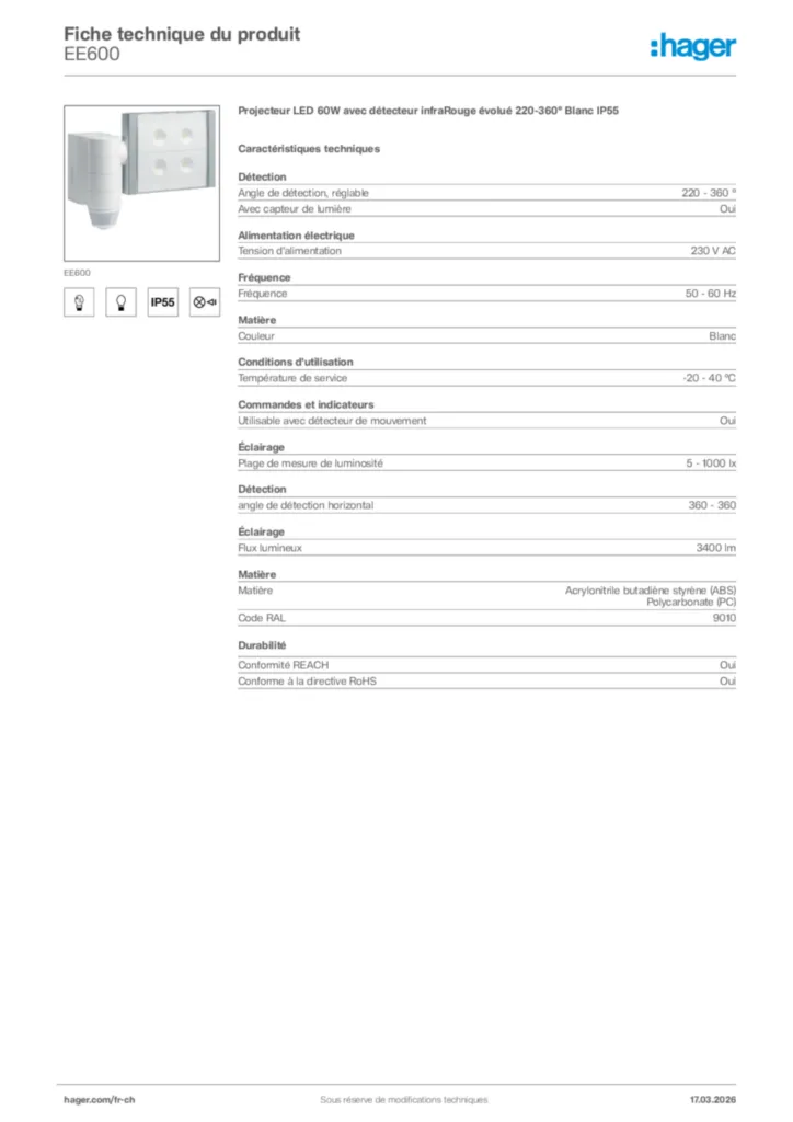 Image Hager Fiche technique du produit EE600 | Hager Suisse