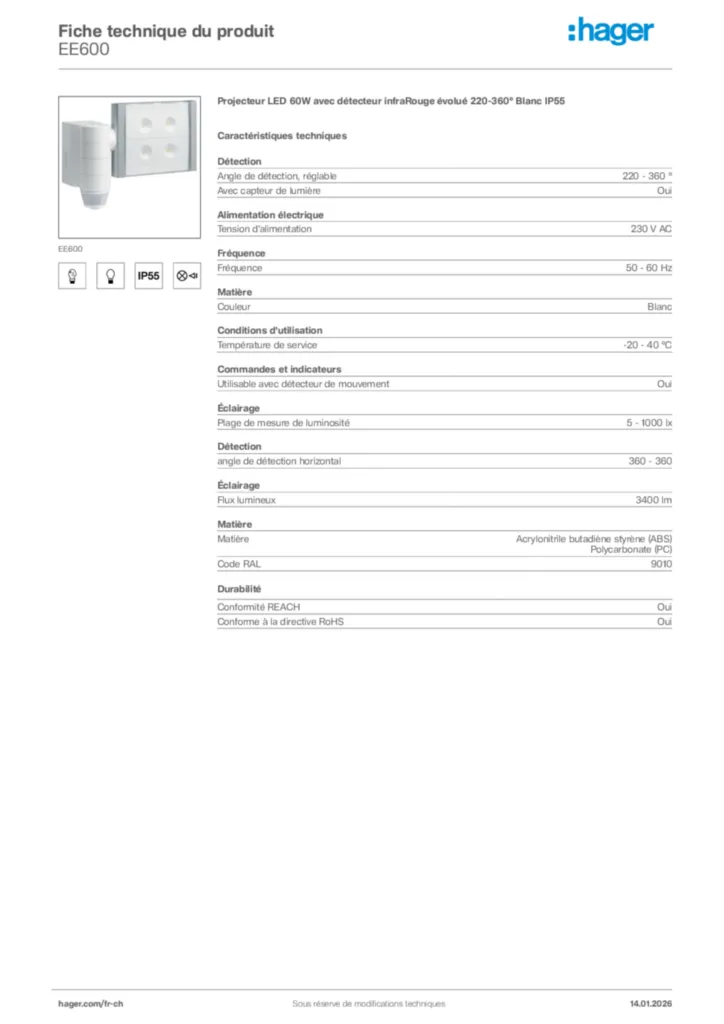 Image Hager Fiche technique du produit EE600 | Hager Suisse