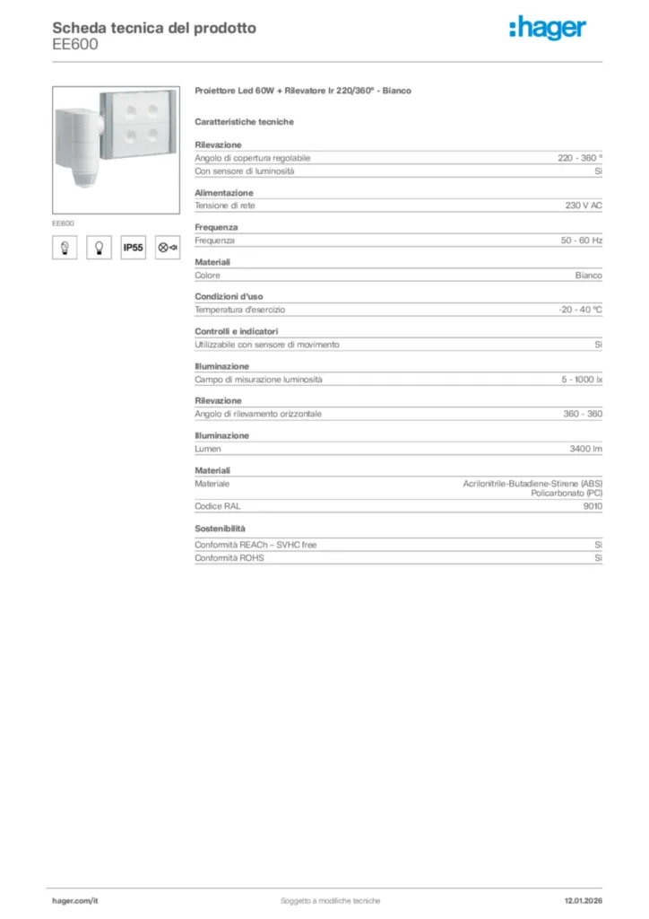Immagine Hager Scheda tecnica del prodotto EE600 | Hager Italia