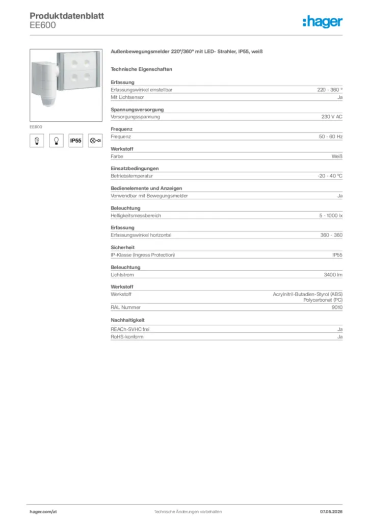 Bild Hager Produktdatenblatt EE600 | Hager Deutschland
