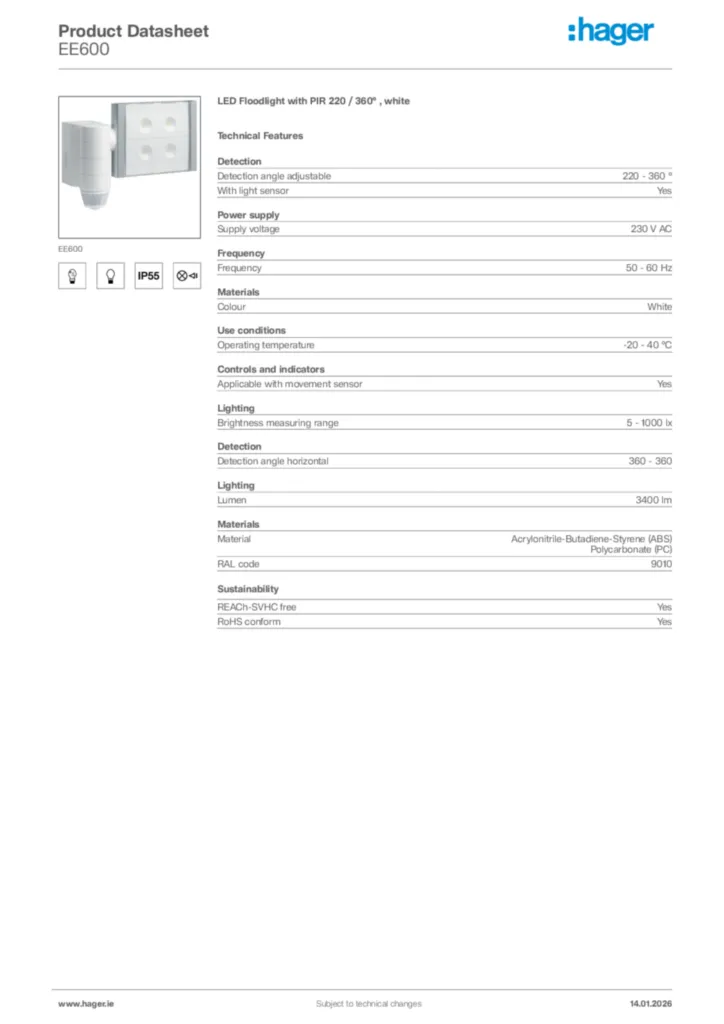 Image Hager Product data sheet EE600  | Hager