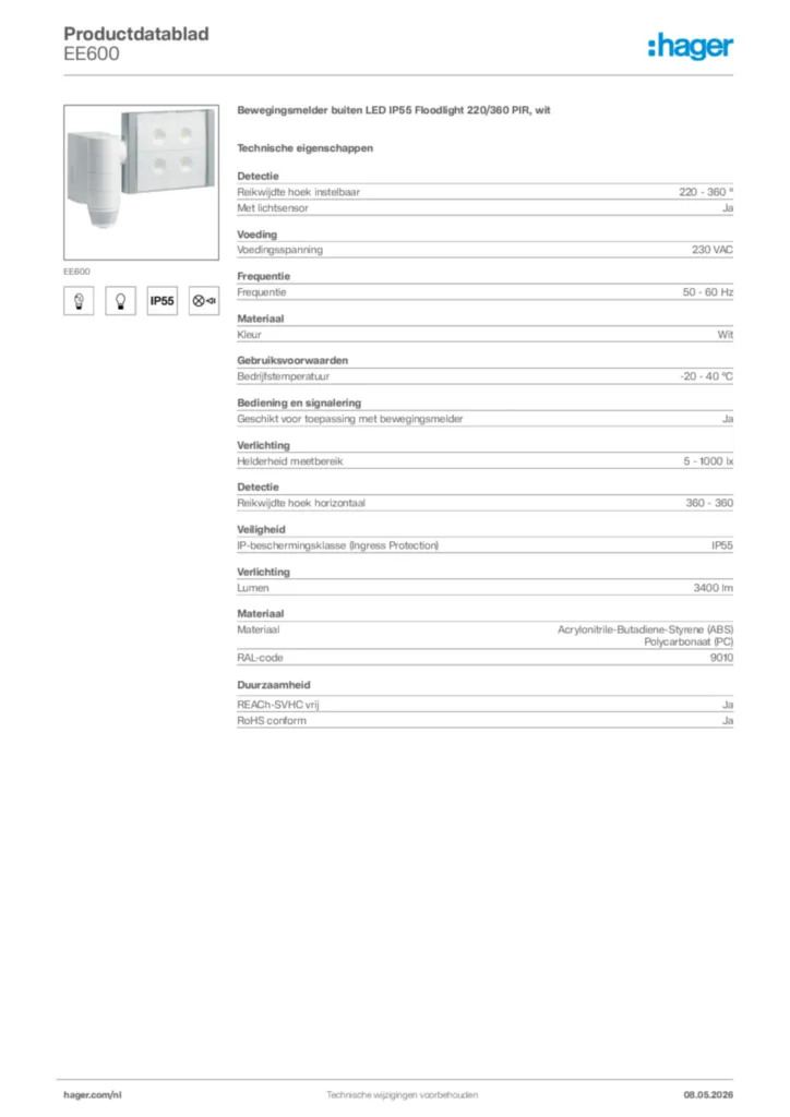 Afbeelding Hager Productdatablad EE600 | Hager Nederland