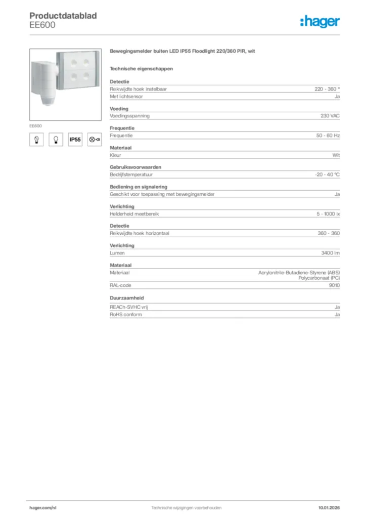 Afbeelding Hager Productdatablad EE600 | Hager Nederland