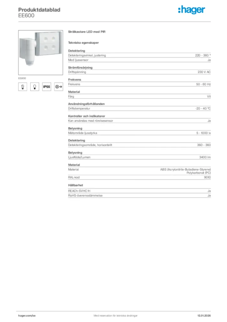 Bild Hager Produktdatablad EE600 | Hager Sverige